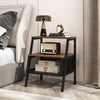 Rustic brown industrial nightstand with 3 tiers, metal mesh shelf, and sturdy frame, perfect for bedroom essentials.