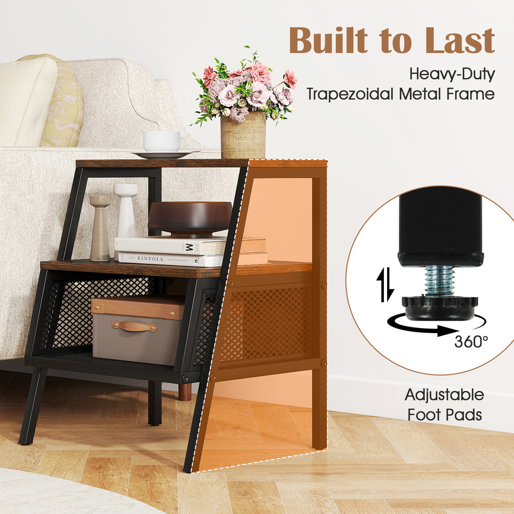 Industrial 3-tier nightstand set with rustic brown finish, metal mesh shelves, and adjustable foot pads for versatile.