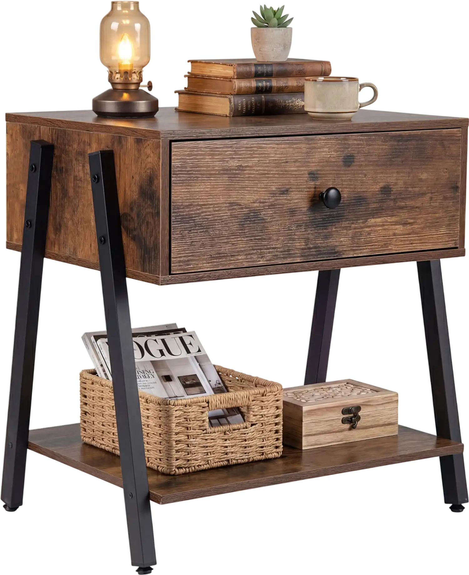Costway Industrial Nightstand Side Table with Drawer Adjustable Foot Pads 40909134 New