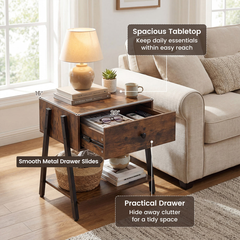 Rustic brown industrial nightstand featuring a spacious 20"x16" tabletop, practical drawer, and smooth metal slides for easy access.