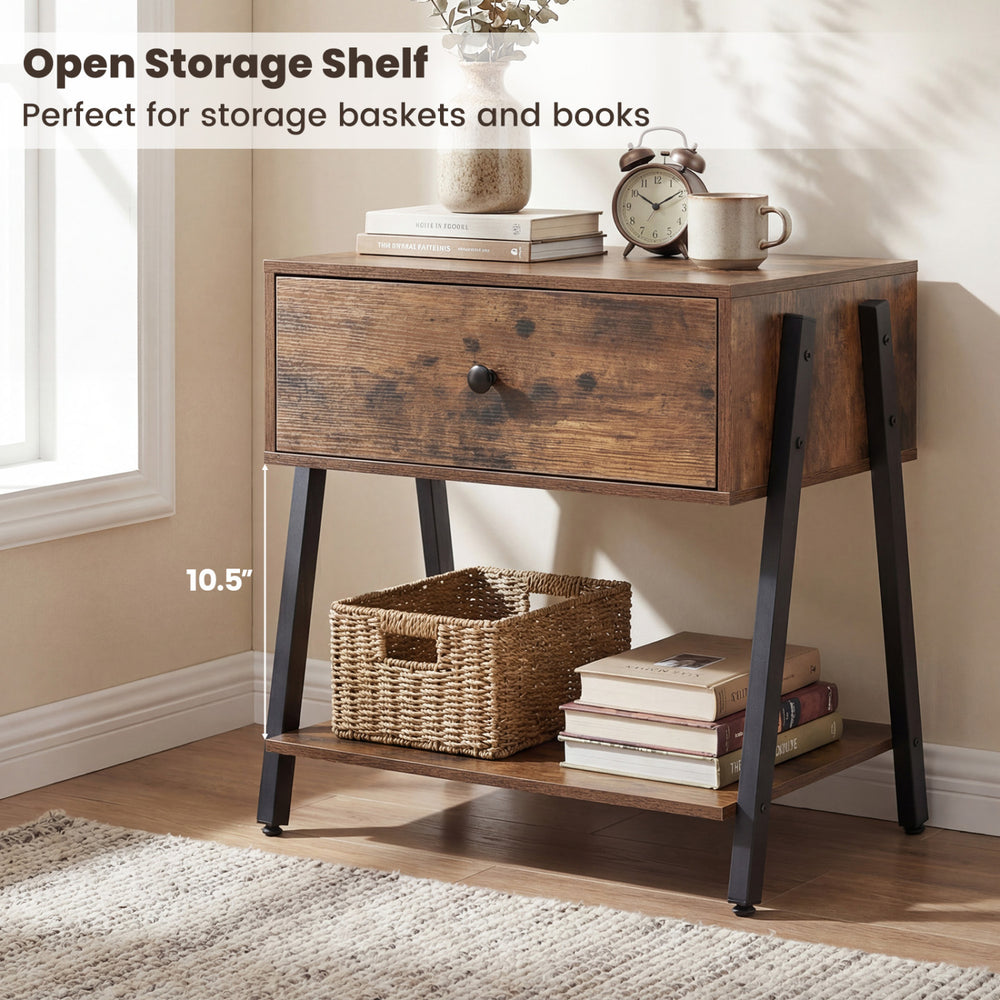 Industrial nightstand in rustic brown featuring a drawer and open shelf for storage baskets and books in a stylish design.