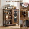 Industrial side cabinet in rustic brown with metal mesh door, featuring open shelves and adjustable storage for kitchen essentials.
