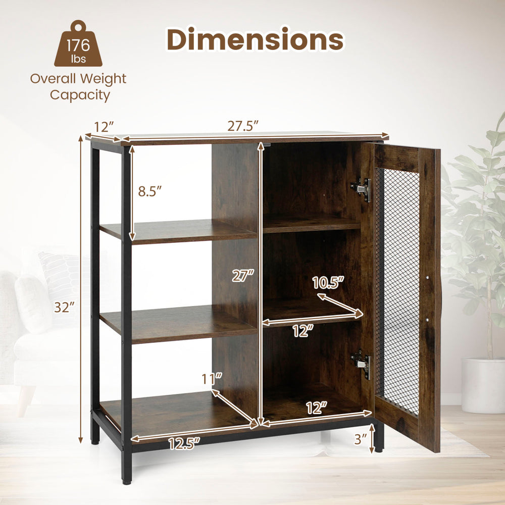 Industrial side cabinet in rustic brown with metal mesh door, featuring three open shelves and adjustable storage options.