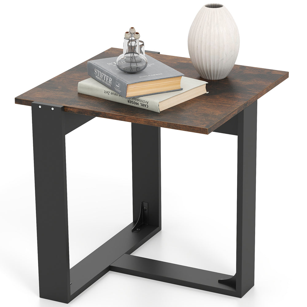 Industrial sofa end table with a spacious tabletop, metal frame, and T-shaped base for stability, perfect for any room.