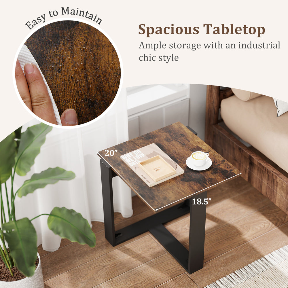 Industrial sofa end table with a spacious tabletop and stable T-shaped metal frame, ideal for living room or bedroom.
