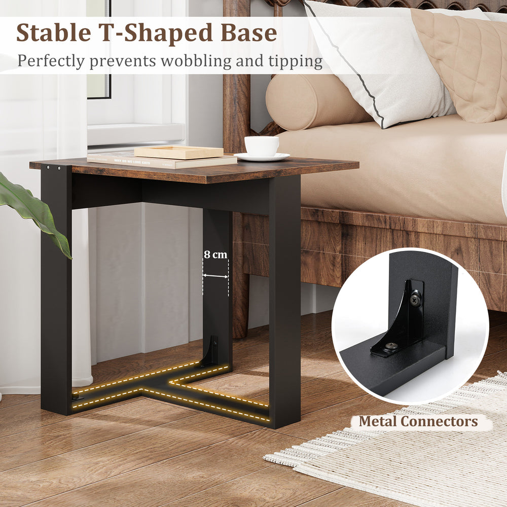 Industrial sofa end table with a stable T-shaped base and metal connectors, perfect for living room or bedroom use.