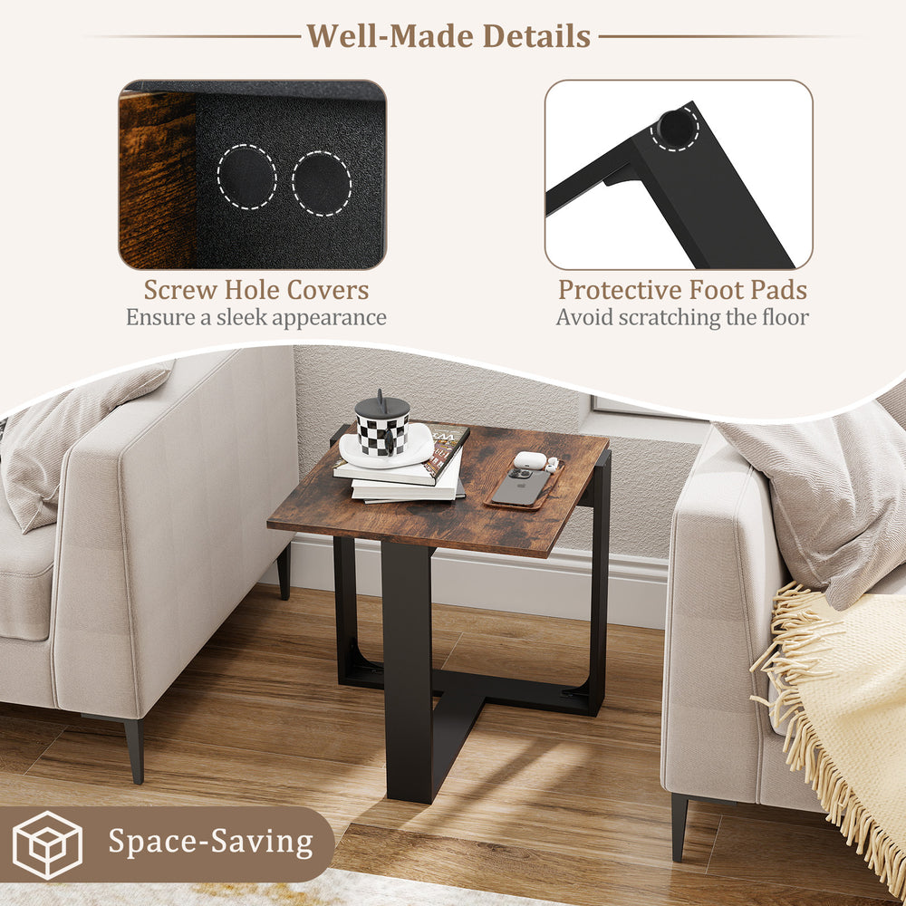 Industrial sofa end table with a spacious tabletop, T-shaped metal frame, and protective foot pads for floor safety.