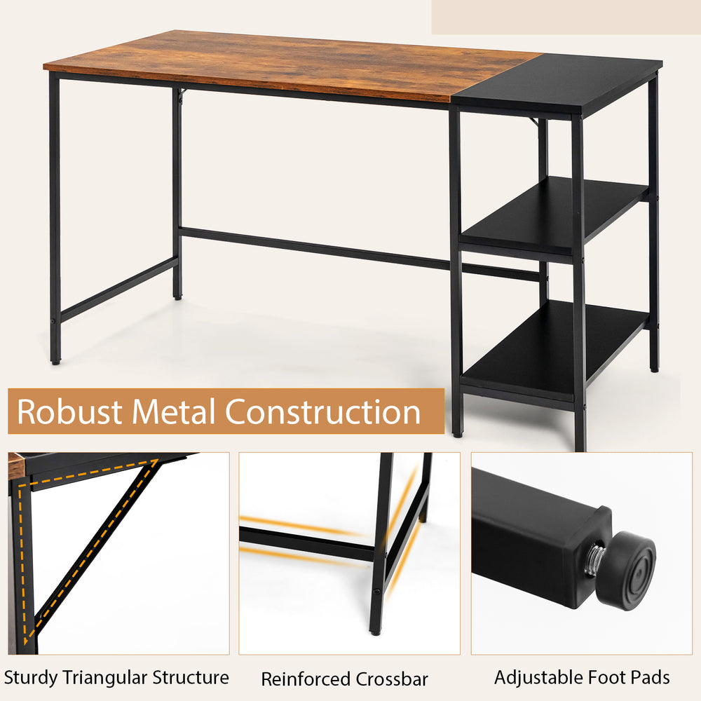 55-inch modern industrial style study desk with two storage shelves, robust metal construction, and adjustable foot.