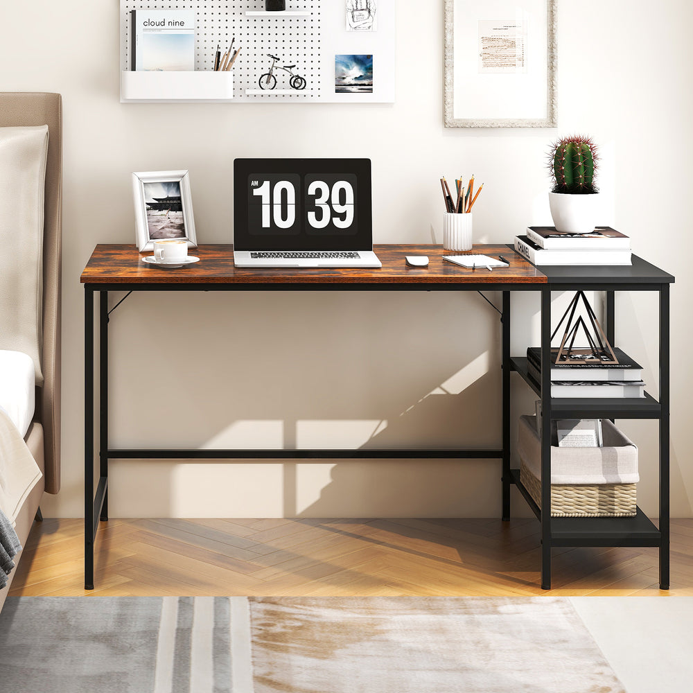 Modern industrial style 55-inch writing desk in brown with two storage shelves, perfect for studying or gaming.