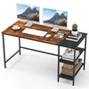 Modern industrial style 55-inch writing desk in brown with two storage shelves, perfect for study or gaming setups.