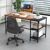 55-inch modern industrial style writing desk with brown split tabletop and two storage shelves for home office use.