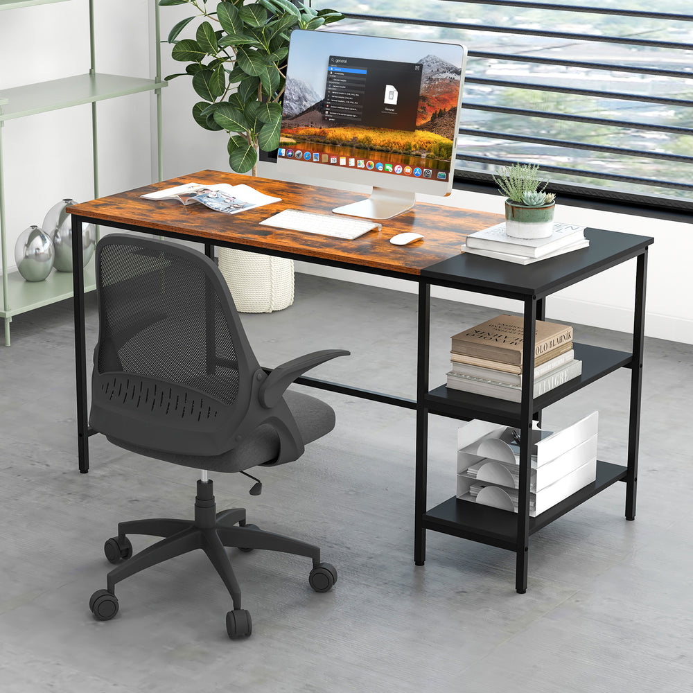 55-inch modern industrial style writing desk with brown split tabletop and two storage shelves for home office use.