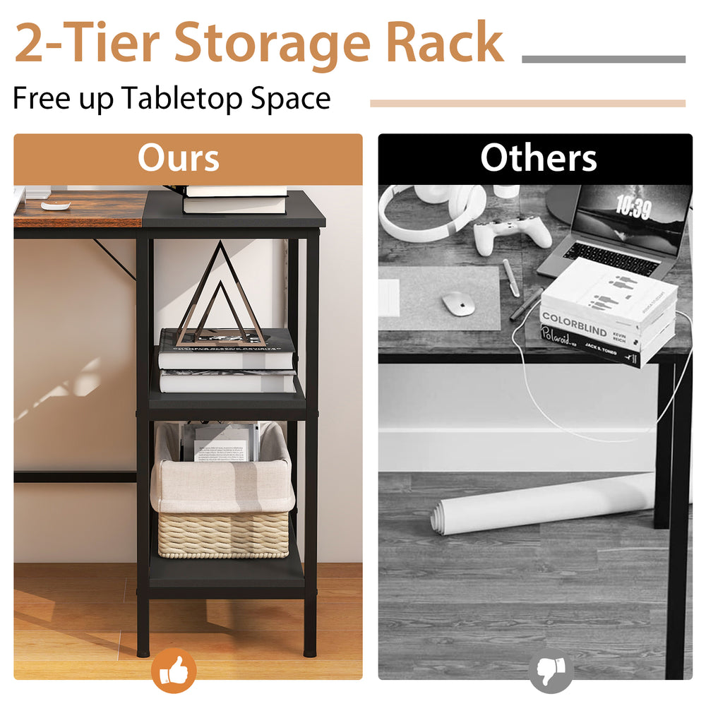 Modern industrial style study writing desk with 2 storage shelves in brown, offering ample space for work and gaming.