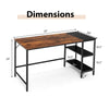 Dimensions of the 55-inch modern industrial style study desk with brown tabletop and two storage shelves.