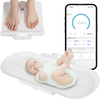 Infant scale with detachable tray showing a baby, measures weight and height, supports up to 330 lbs, easy to clean.
