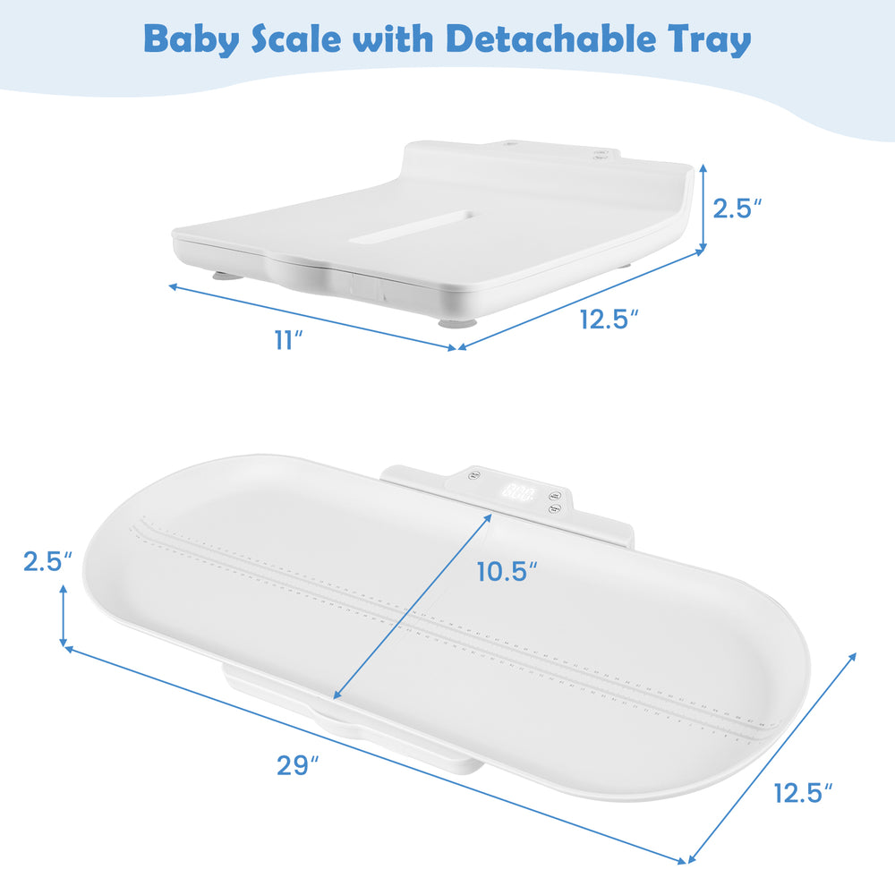 Infant scale with detachable tray, measuring 29" x 12.5", supports up to 330 lbs for weight and height tracking.