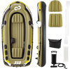 Heavy-duty inflatable boat set for 4-person fishing, featuring green PVC material, I-beam support, and storage pouch.