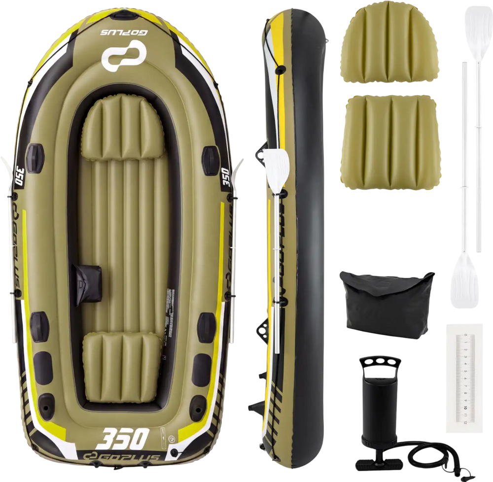 Heavy-duty inflatable boat set for 4-person fishing, featuring green PVC material, I-beam support, and storage pouch.
