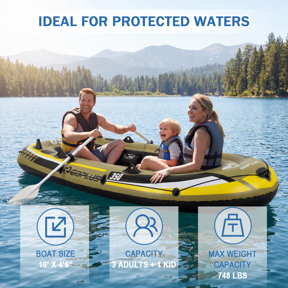 Heavy-duty inflatable boat for 4 with bolster seats, PVC material, and 748 lbs capacity, ideal for family fishing trips.