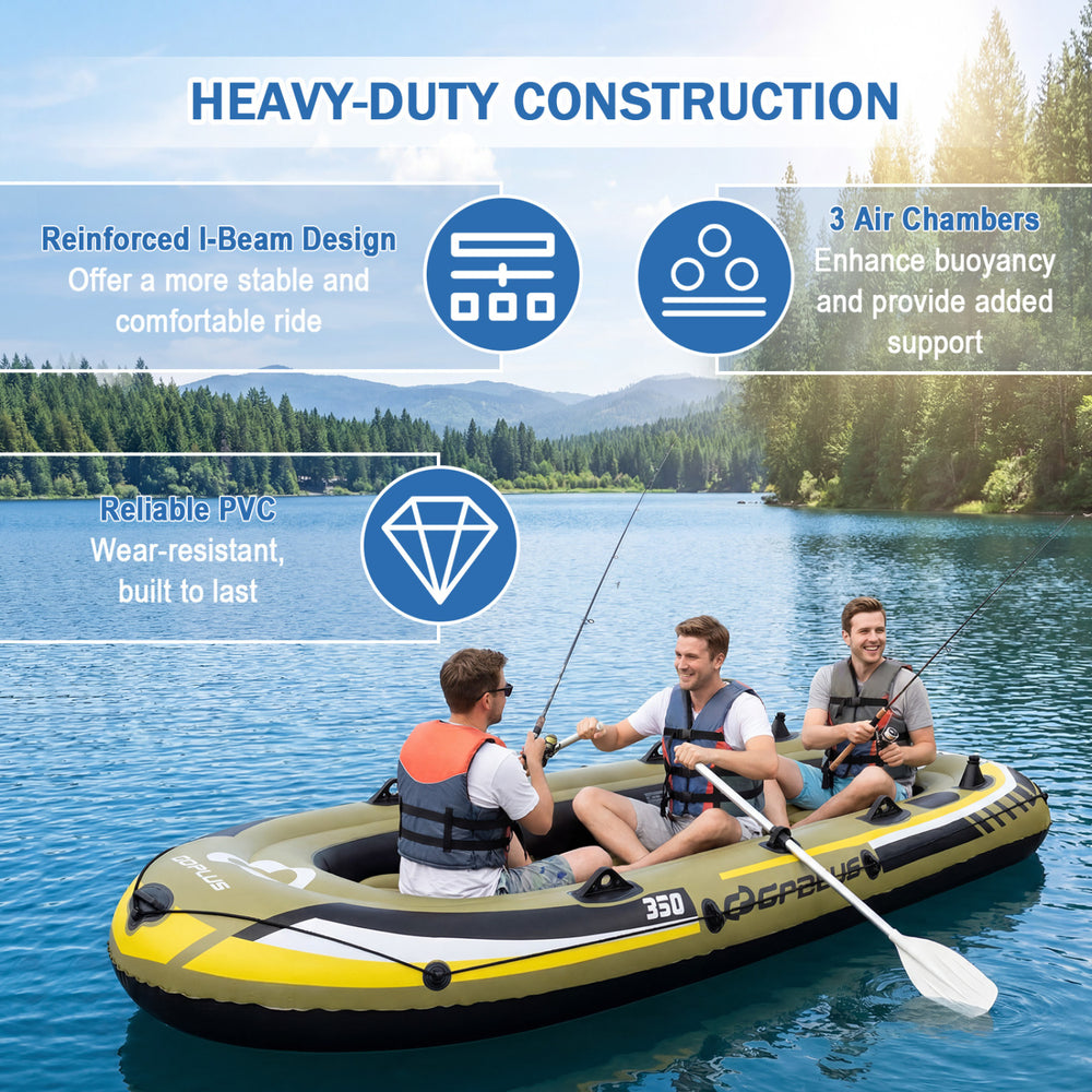 Heavy-duty inflatable boat for 4 with I-beam support, PVC material, and 748 lbs capacity, ideal for fishing trips.