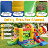 Rainbow inflatable bounce castle featuring double slides, climbing wall, and ocean ball pool for endless outdoor fun.