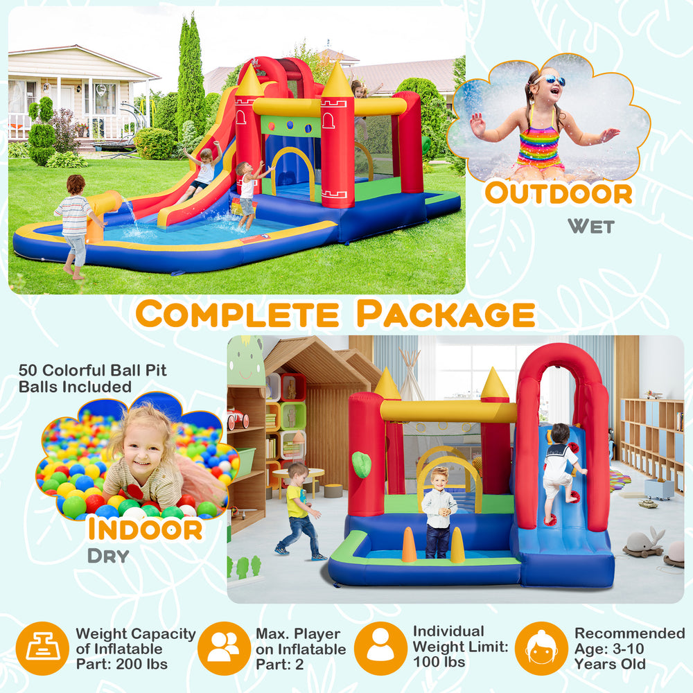 9-in-1 inflatable bounce castle with water slide, splash pool, and ball pit, perfect for outdoor wet and indoor dry fun.