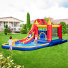 Inflatable bounce castle with water slide and splash pool, featuring safety handrails and colorful ocean balls for.