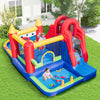 Inflatable bounce castle with water slide and splash pool, featuring a ball pit and safety handrails for kids' fun.