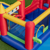 Colorful 9-in-1 inflatable bounce castle with water slide, splash pool, and ball pit for wet and dry fun.
