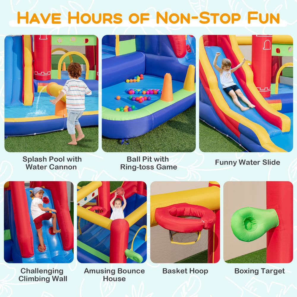 9-in-1 inflatable bounce castle featuring a water slide, splash pool, and ball pit for fun outdoor play.