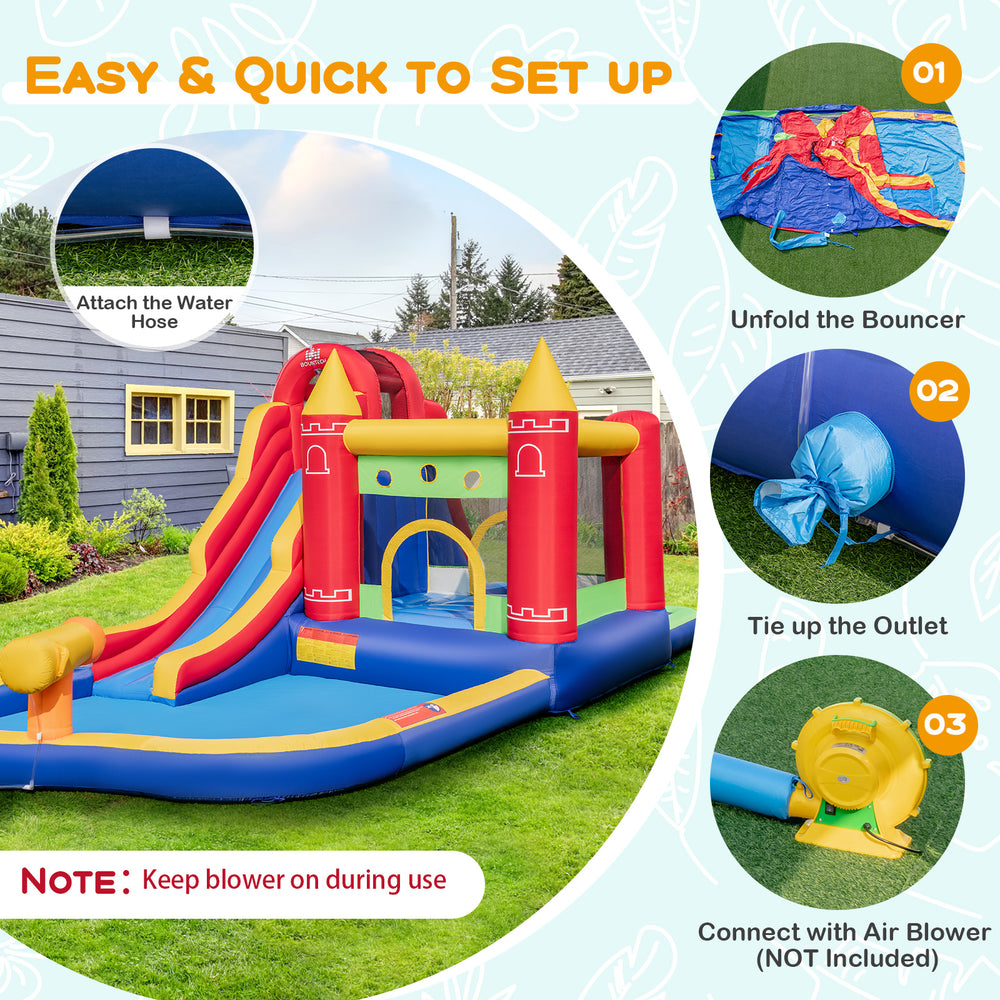 9-in-1 inflatable bounce castle with water slide, splash pool, and colorful ocean balls for wet and dry fun.