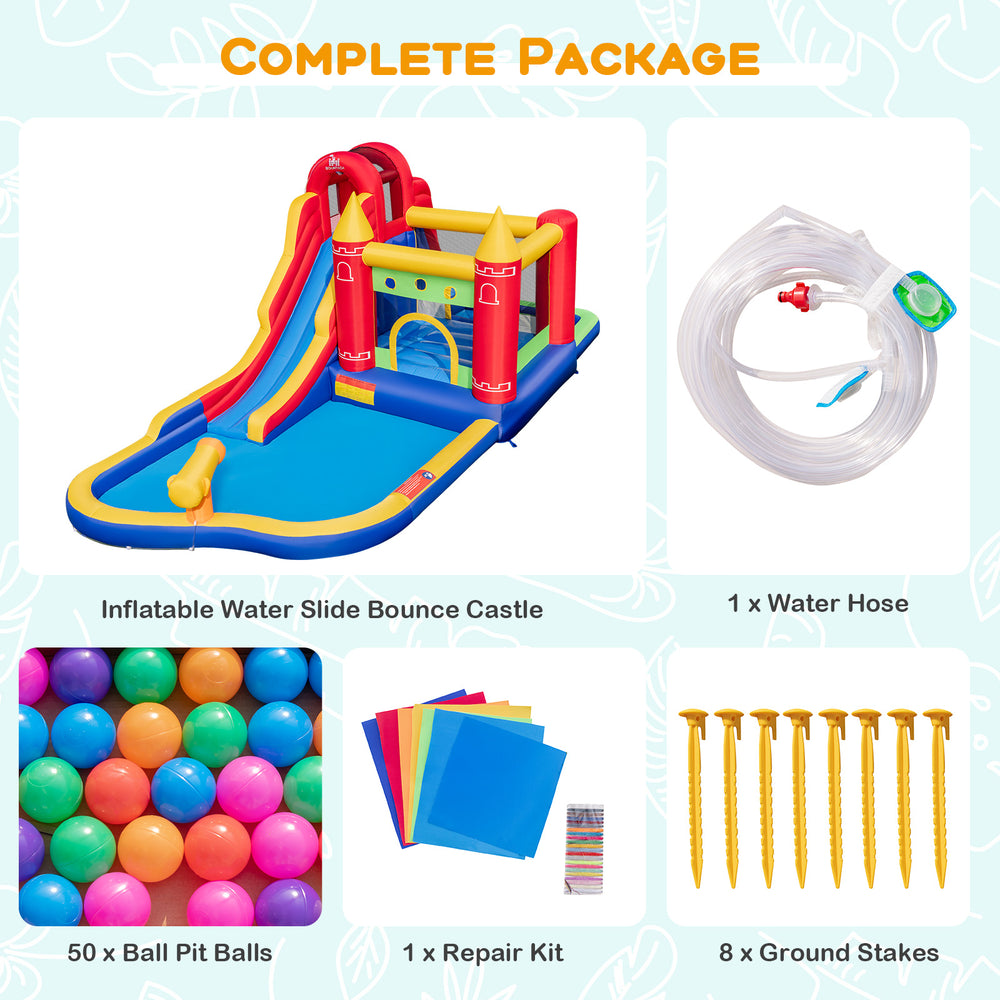 9-in-1 inflatable bounce castle with water slide, splash pool, and 50 colorful ball pit balls for outdoor fun.