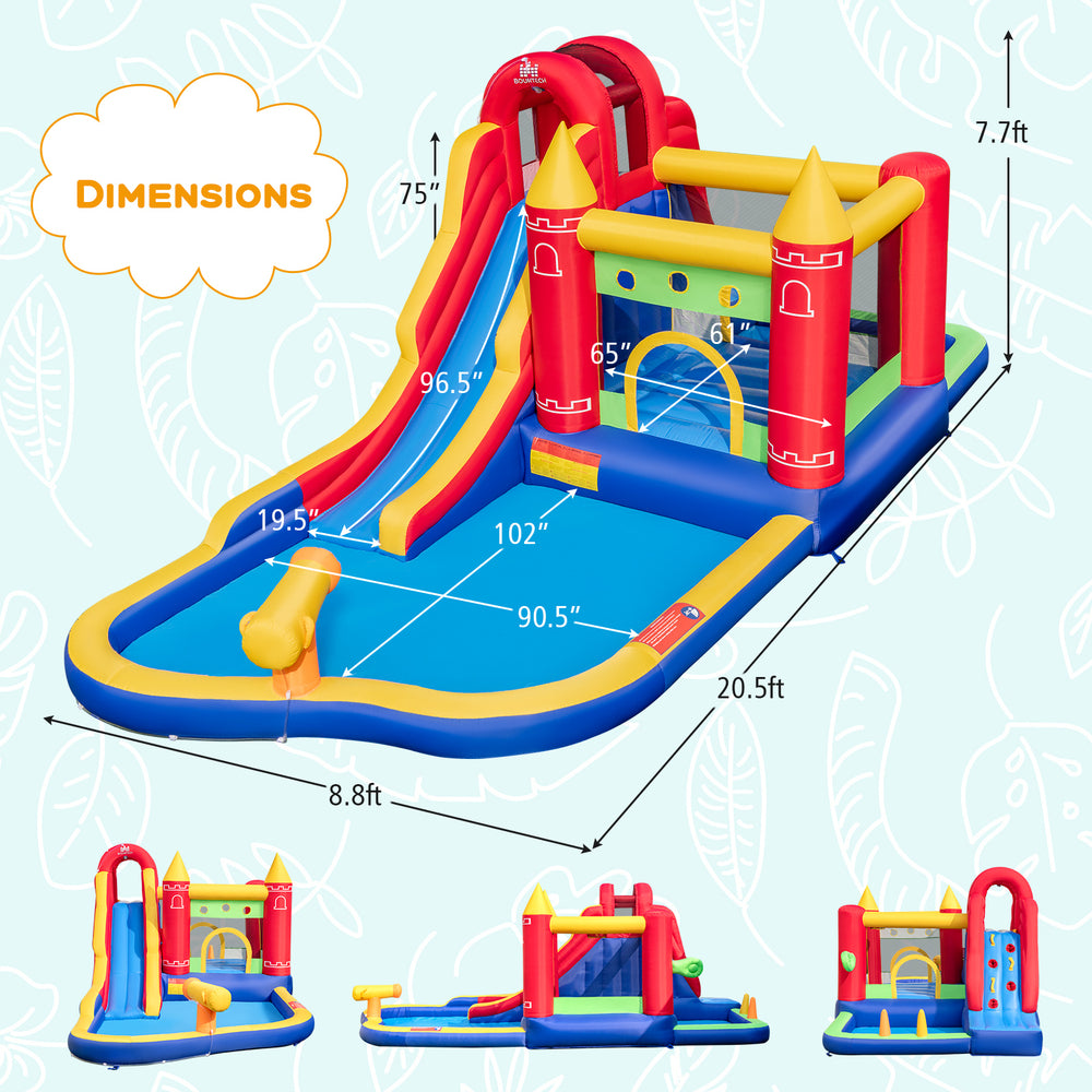9-in-1 inflatable bounce castle with water slide, splash pool, and ball pit, ideal for wet and dry fun for kids.