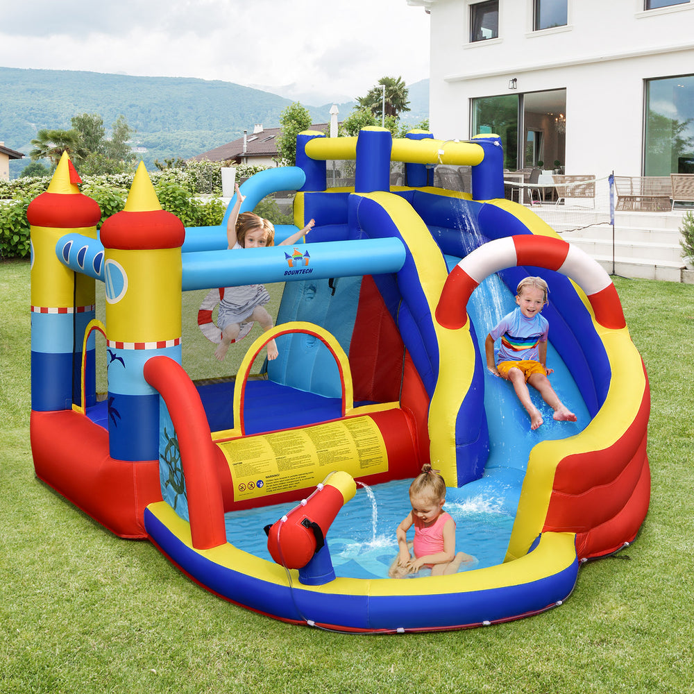 Colorful inflatable bounce castle with slide and climbing wall, suitable for 4 kids aged 3-10 for outdoor fun.