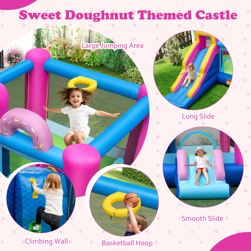 Sweet doughnut-themed inflatable bounce house with slides, basketball hoop, and climbing wall for backyard fun.