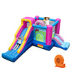 Inflatable bounce house with slides and basketball hoop, featuring vibrant colors and a large jumping area for kids'.