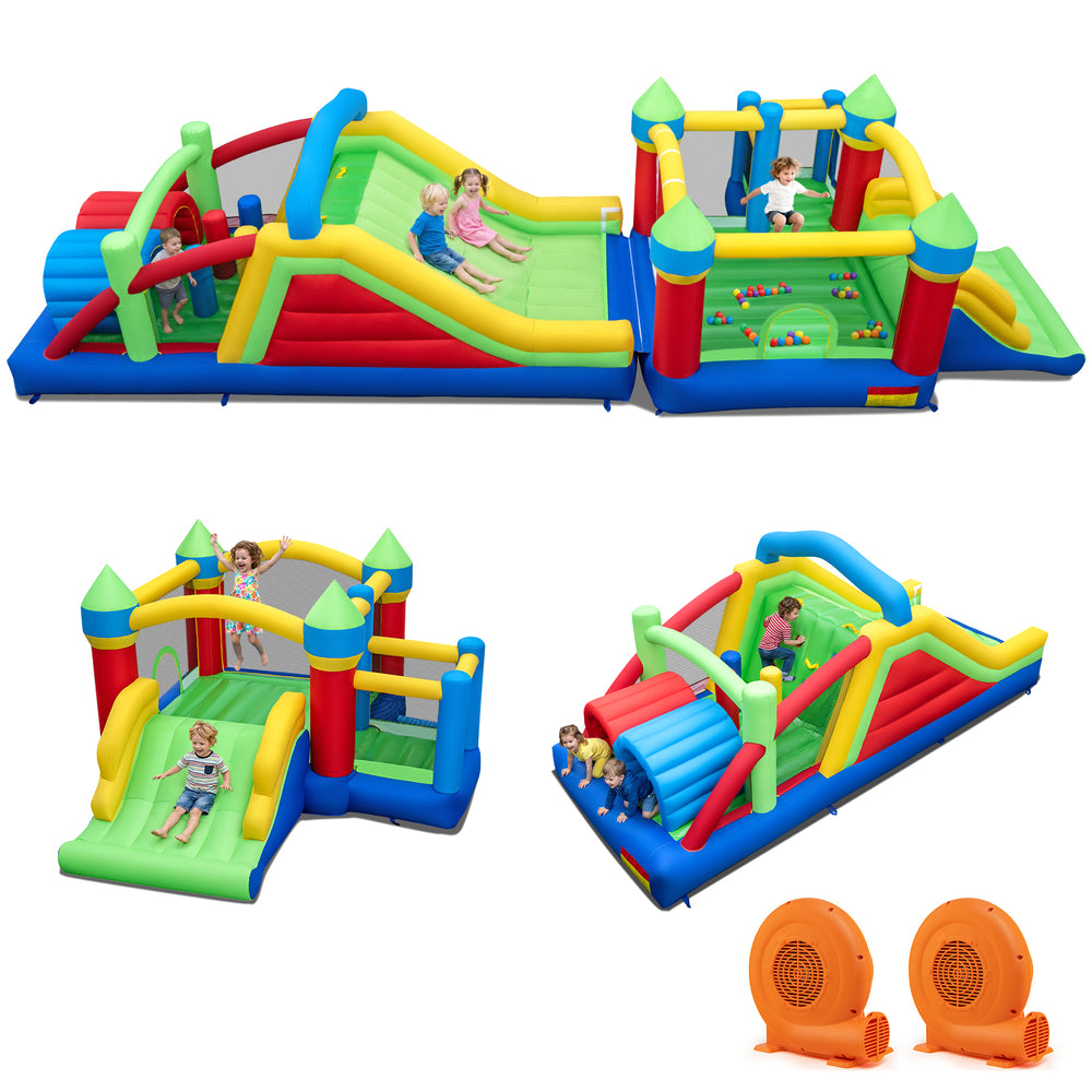 Inflatable bounce house with multiple slides, climbing wall, and tunnels, made of durable 420D Oxford fabric for kids'.