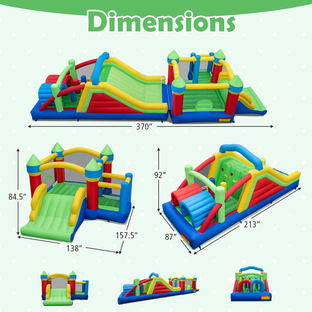 Inflatable bounce house with large slide, climbing wall, and tunnels, made from durable 420D Oxford fabric for kids'.