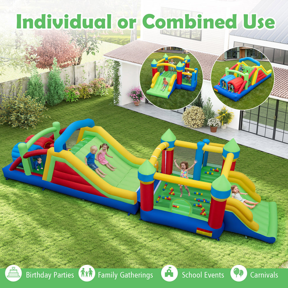 Bright inflatable bounce house showing combined play areas, featuring multiple slides, tunnels, and a rock climbing.