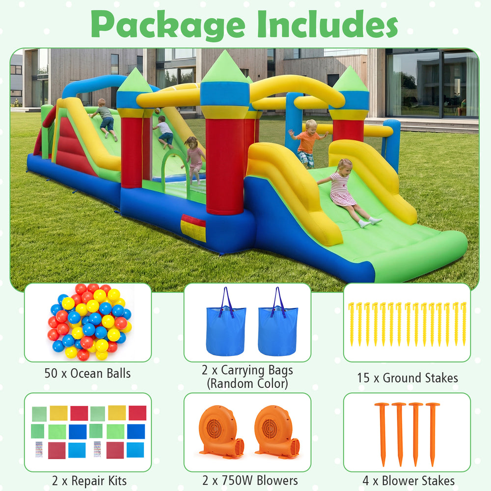Inflatable bounce house with slide, tunnels, and rock climbing wall, made of waterproof 420D Oxford fabric for kids'.