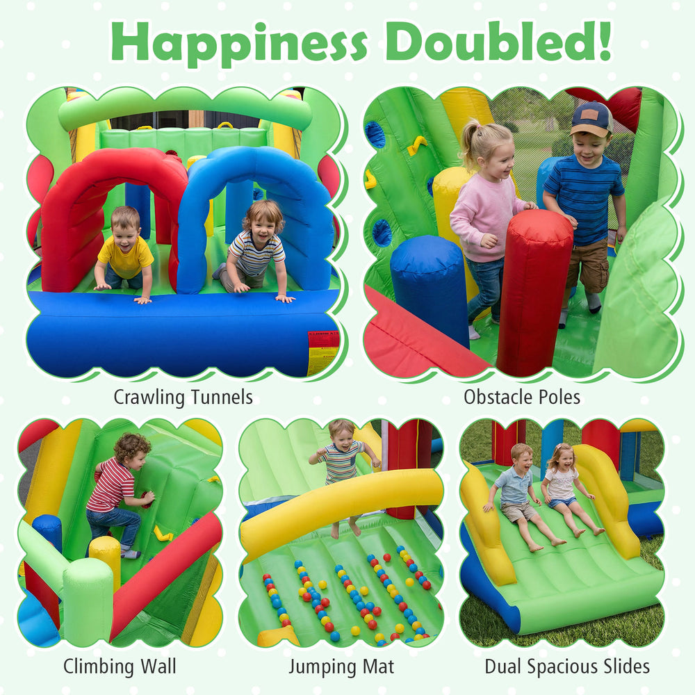 Brightly colored inflatable bounce house featuring dual slides, climbing wall, and crawling tunnels for endless fun.