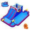Inflatable bounce house with double water slides, splash pool, and 3 water cannons for summer fun and active play.