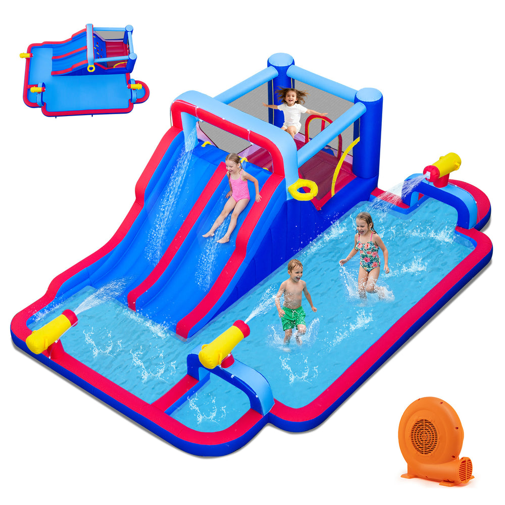 Inflatable bounce house features a climbing wall with easy-grip handles for safe and fun summer play and activities.