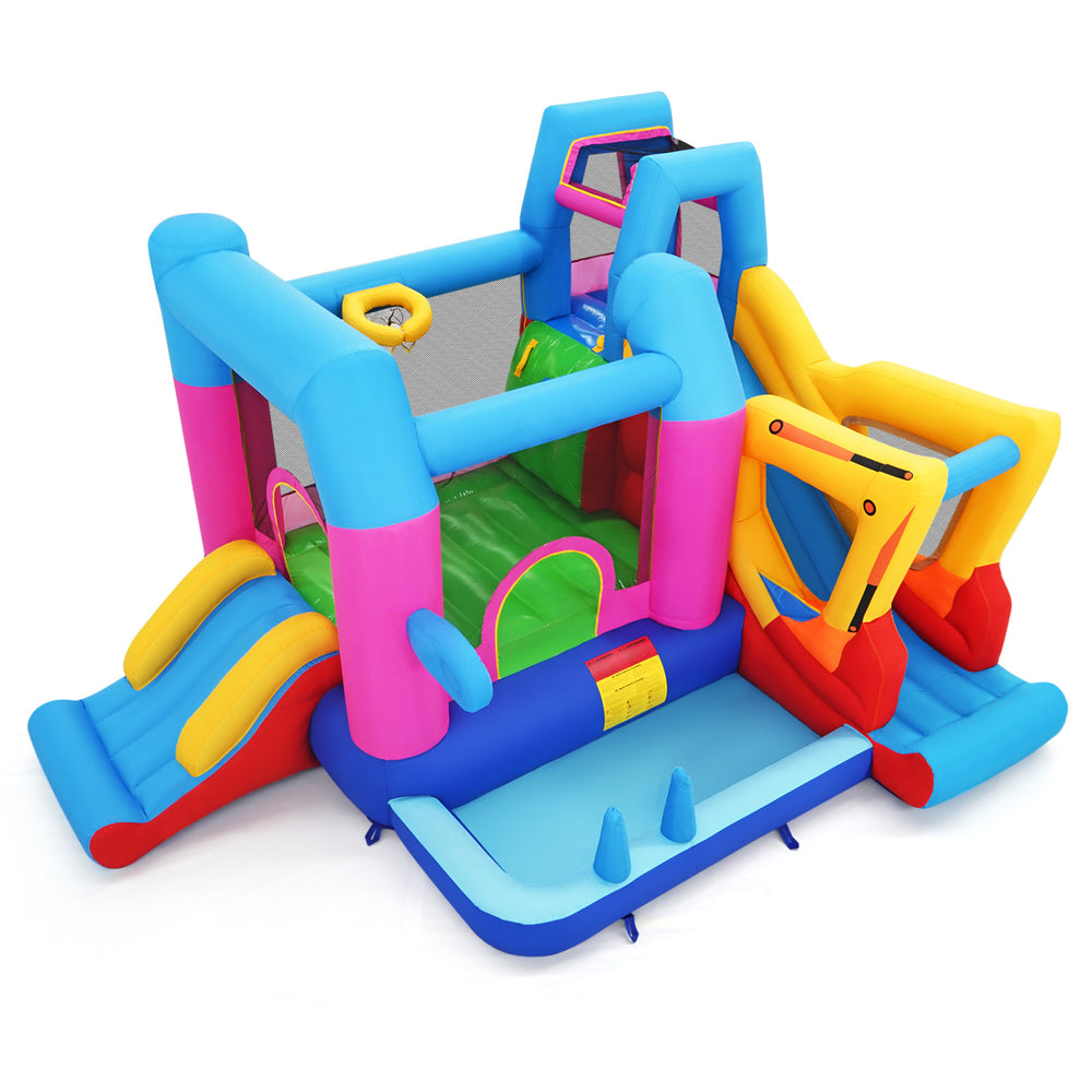Excavator-themed inflatable bounce house with 8-in-1 play areas, slide, basketball hoop, and ball pit for kids' fun.