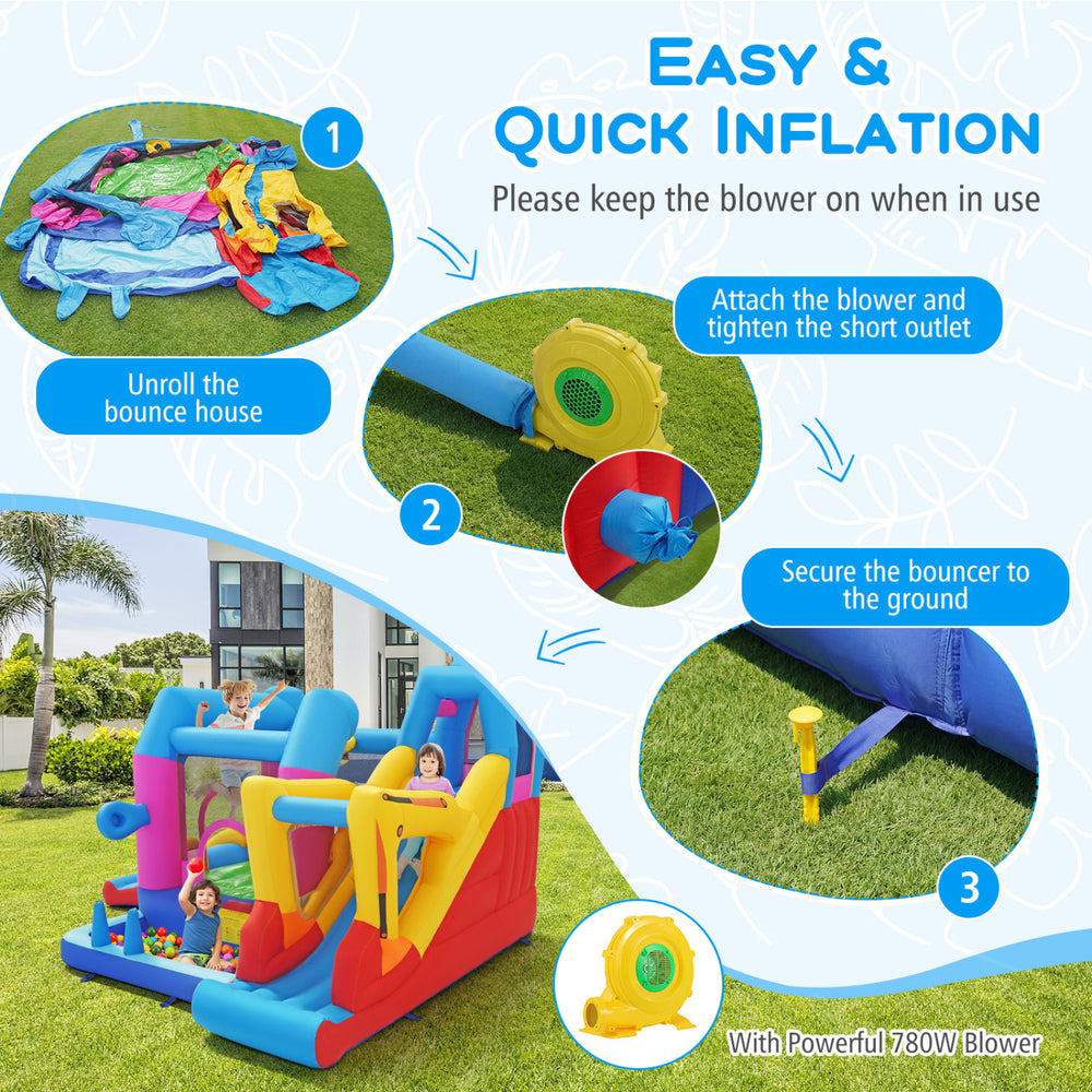 Excavator-themed inflatable bounce house with 8-in-1 play areas, featuring a slide, basketball hoop, and safety.