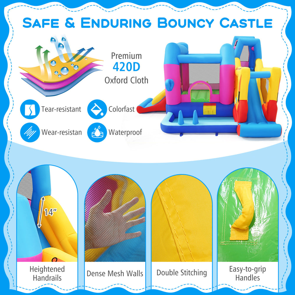 Excavator-themed inflatable bounce house with 8-in-1 play areas, featuring a large jumping area and climbing wall for.