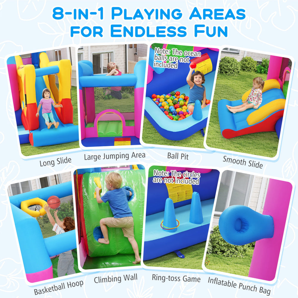 Excavator-themed inflatable bounce house featuring a large jumping area, slide, climbing wall, and basketball hoop for.