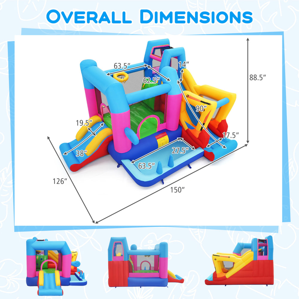 Excavator-themed inflatable bounce house with 8-in-1 play areas, including slides, climbing wall, and basketball hoop.