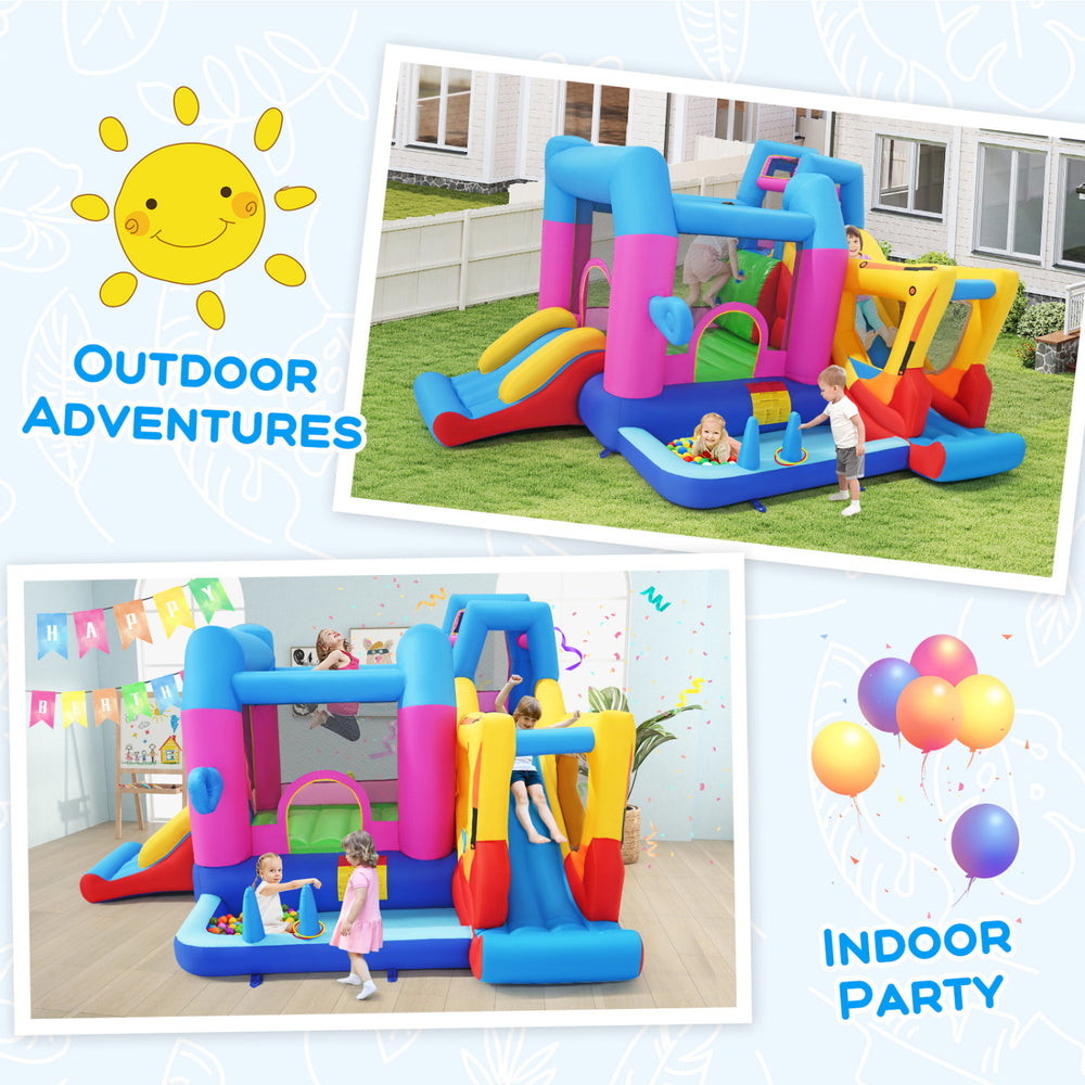Excavator-themed inflatable bounce house with slide, climbing wall, and ball pit for indoor parties and outdoor.