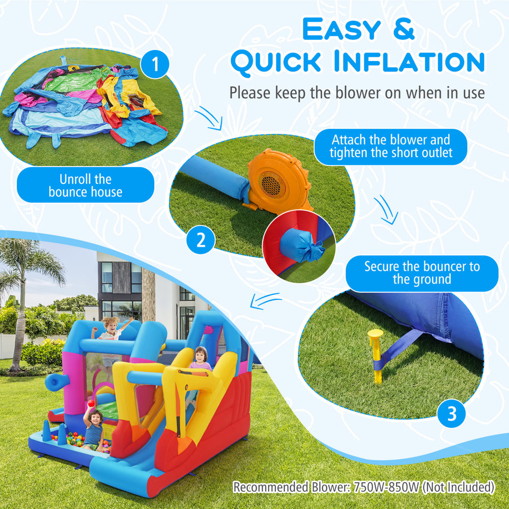 Excavator-themed inflatable bounce house with 8-in-1 play areas, featuring a slide, basketball hoop, and climbing wall.